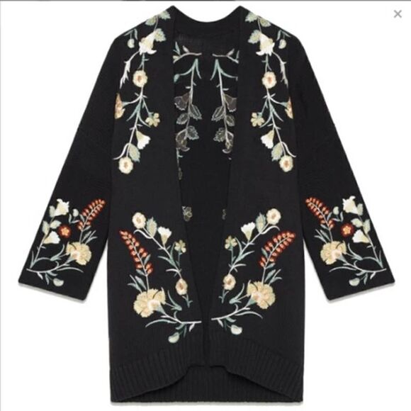 Maje Mirodi Black Floral Embroidered Open Front Knit Cardigan Size 1 / Small - Picture 3 of 8